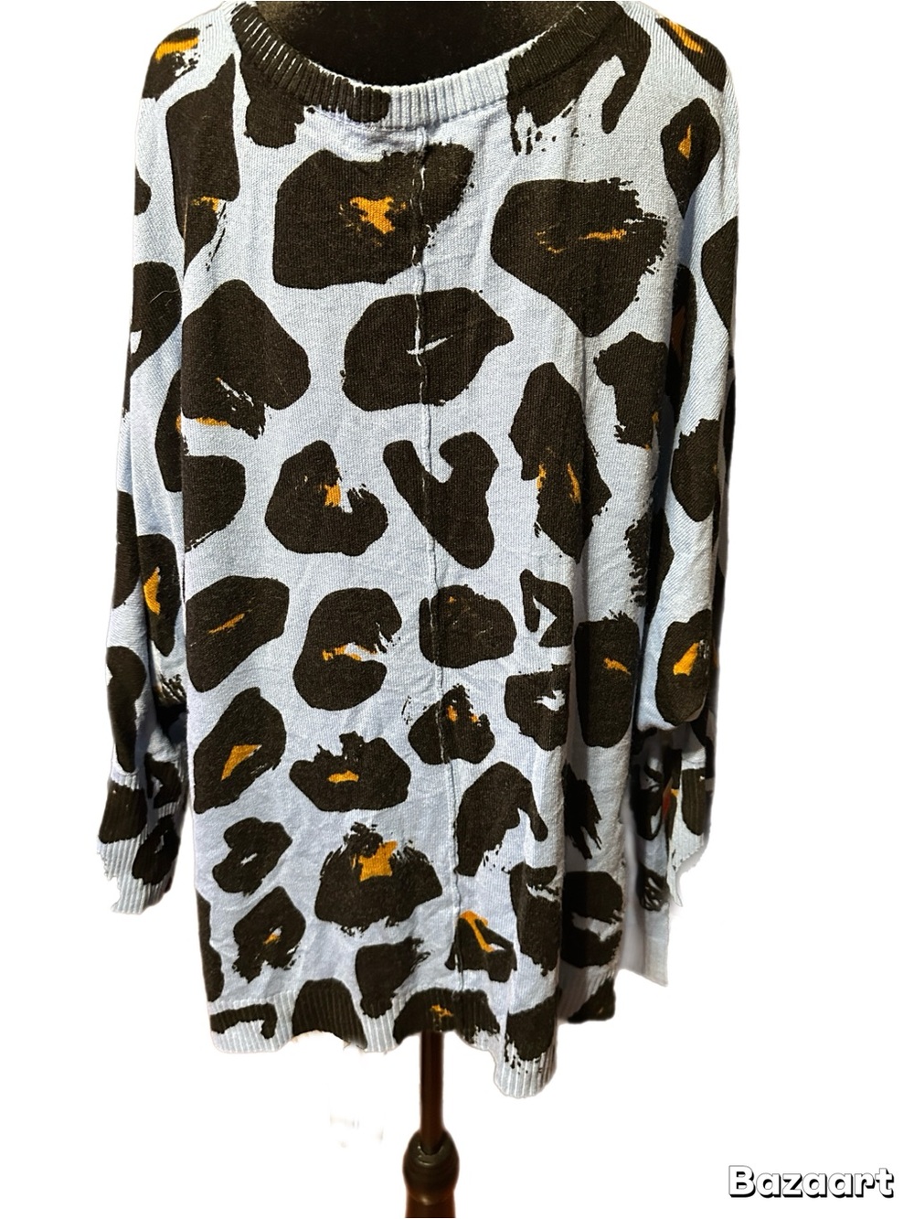 Mud Pie Blue Animal Print V-Neck Sweater with Black and Mustard Spots - Picture 3 of 6